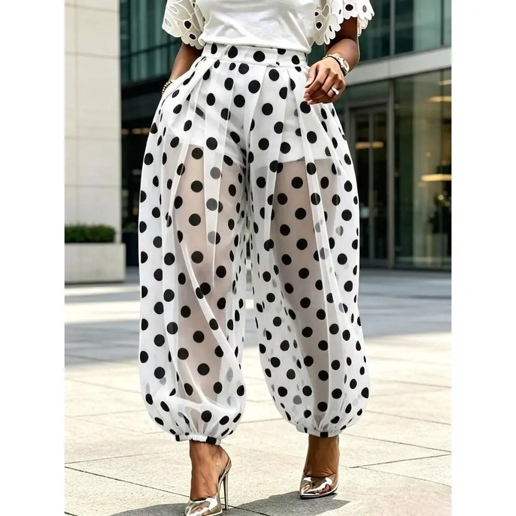 Women's High Waist Polyester Polka Dot Print Geometric Sheer Mesh Balloon Pants - Oversized Baggy Harem Bottoms with Built-in Shorts, Comfortable Chic Minimalist Preppy Retro Vacation Beach Cover Up Apparel