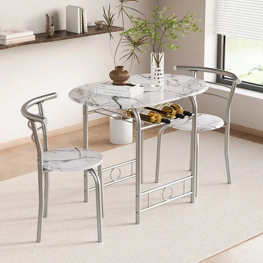 Classic 3-Piece Wood Round Table Set with Chairs - Indoor Dining Room Furniture, Curved Silhouette, Metal Wine Shelf, Wood Grain, Durable, Small Space, Easy Assembly (For Bar, Breakfast Nook)