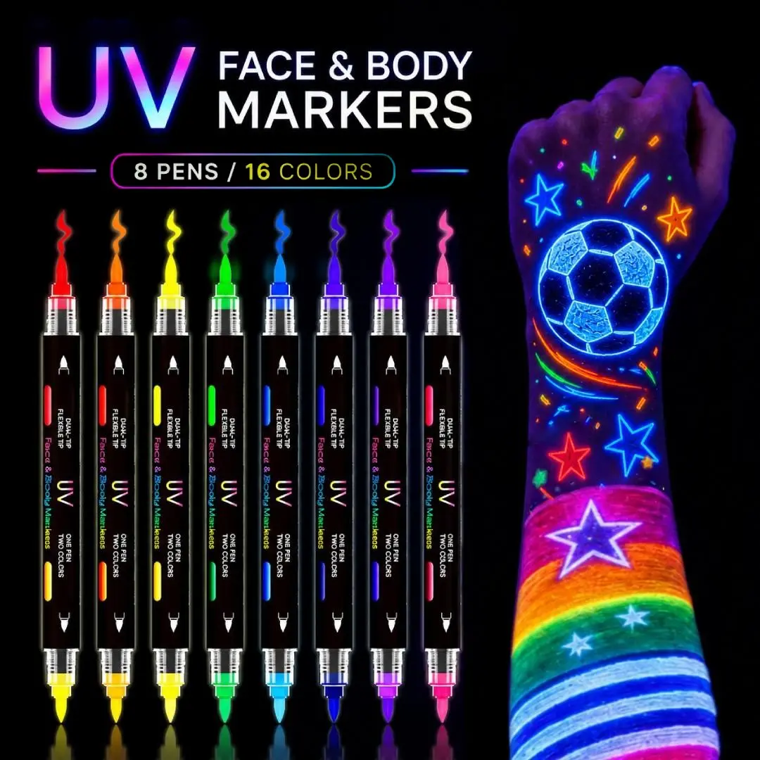 8PCS/16 ColorsTemporary Tattoo Pens Set, Glow in The Dark Face Paint Markers, Face Body Makeup, Halloween Makeup Creative Expression, Washable UV Tattoo Pens for Glow Party Supplies, Perfect Gift For Christmas, Birthdays