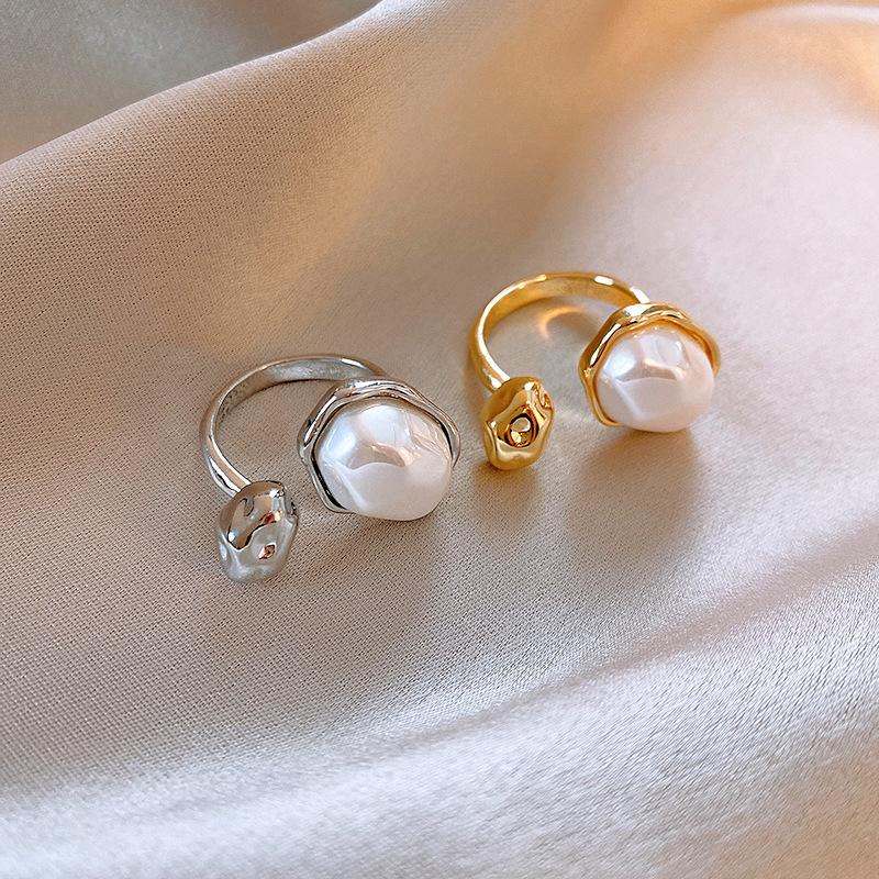 Irregular oval pearl open ring, European and American design, fashionable and creative, gold and silver color, popular online style women's ring