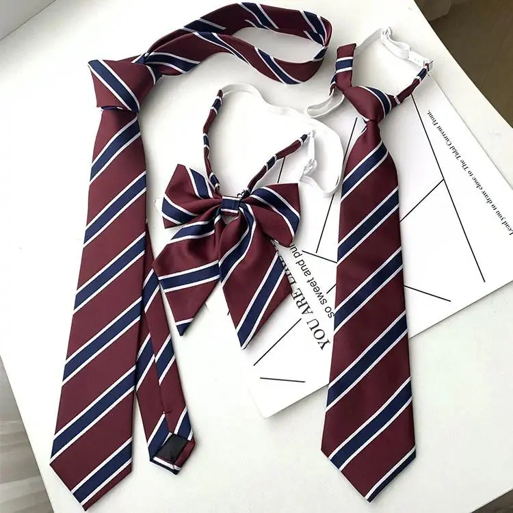 Unisex Burgundy & Navy Striped Necktie and Pre-Tied Bow Tie Set - Preppy Look, Adjustable Size, Slim Fit, Wrinkle-Free Woven Fabric for School Wear, Formal Events