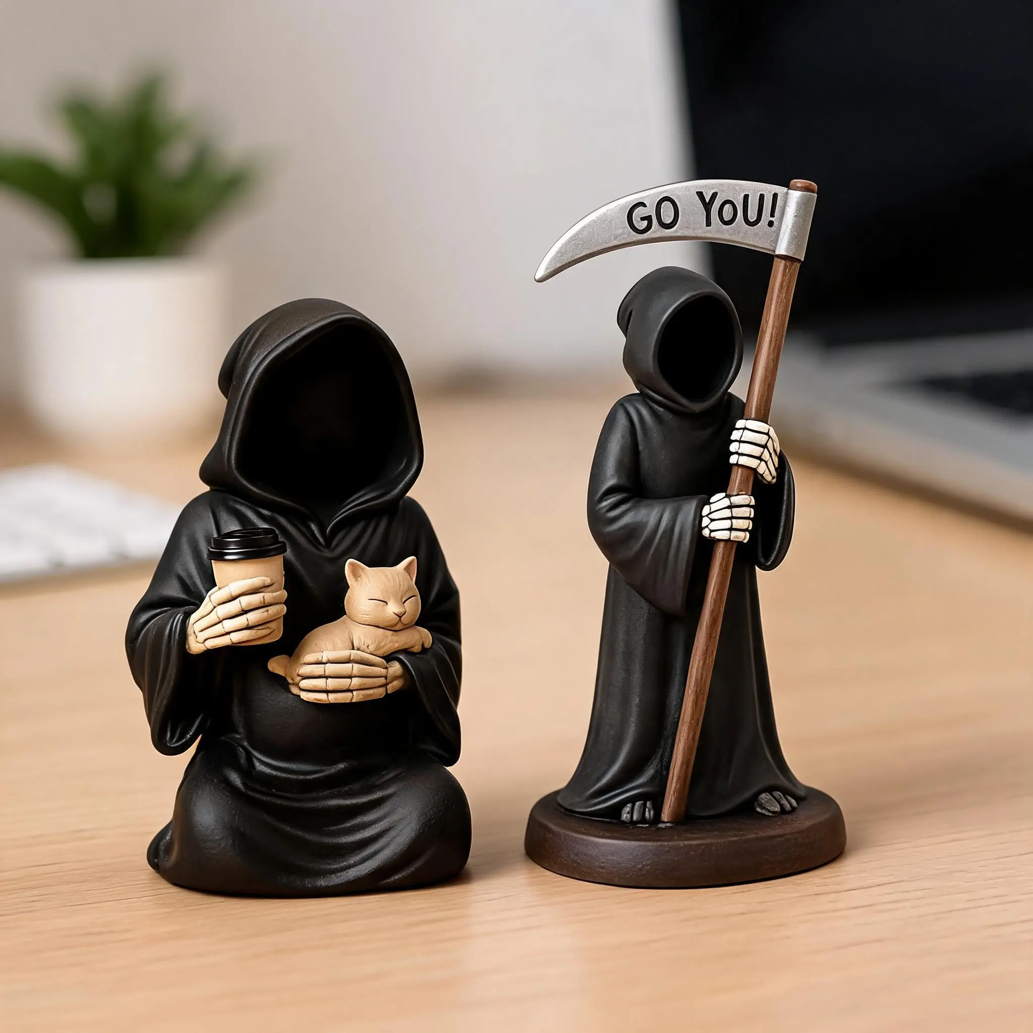 Grim Reaper Figurine with Emotional Support Card, Resin Gothic Robe, Durable Indoor Outdoor Desk Decor, Funny Office Buddy Gift