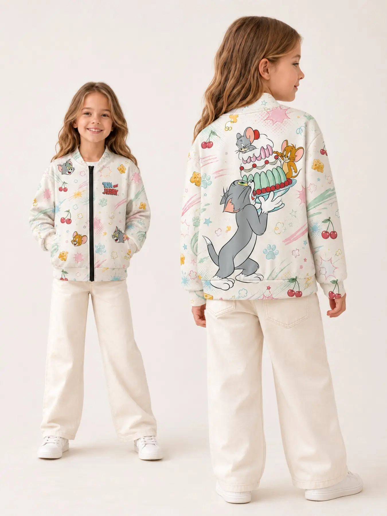 Warner Bros Tom and Jerry Kids Jacket, Long Sleeve Zipper Top, All over Print, Cute H-Type, Fall Fashion, Ages 6-14, Officially Licensed