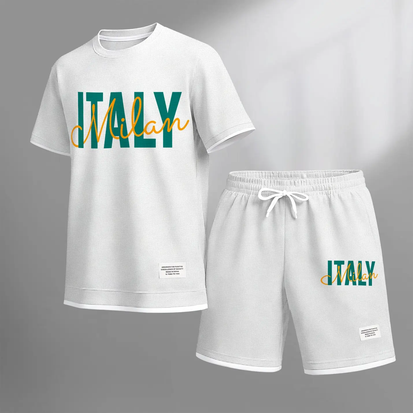 Men’s Italy Milan Graphic Textured 2-Piece Set, Short Sleeve T-Shirt and Drawstring Shorts, Casual Loose Fit Summer Outfit, Lightweight Breathable Streetwear for Travel, Vacation, Daily Wear and Outdoor Activities