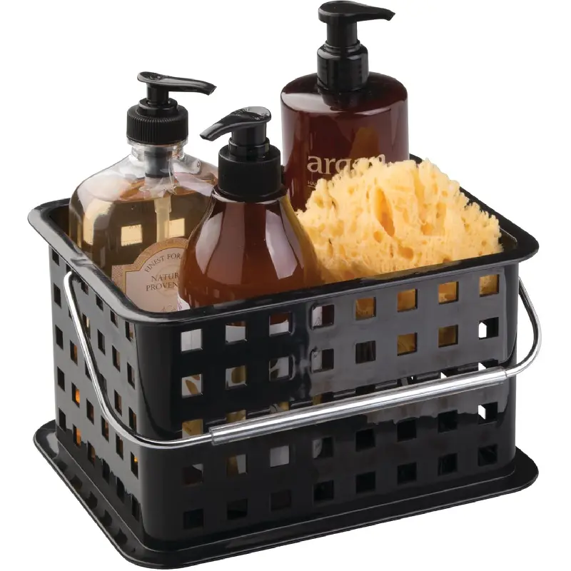 Black Plastic Shower Caddy Basket with Handle, Steel Organiser - for Bathroom Use - Made in USA