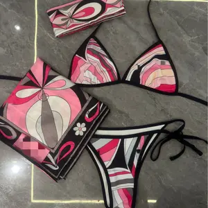 2026 New Striped Two-Piece Bikini Set with Wrap Scarf for Vacation Beach Swimwear
