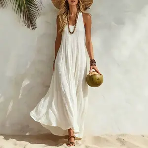 Women Sleeveless U-Neck Textured Maxi Dress, Loose Flowy Linen Look Tank Dress, Solid Color Casual Beach Vacation Cover Up Sundress carly
