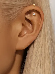 1pc Gold Vertical Ball Piercing Stud, 925 Sterling Silver Prong Set Single Zircon, Classic Style, Anti-allergic, For Women Daily Wear