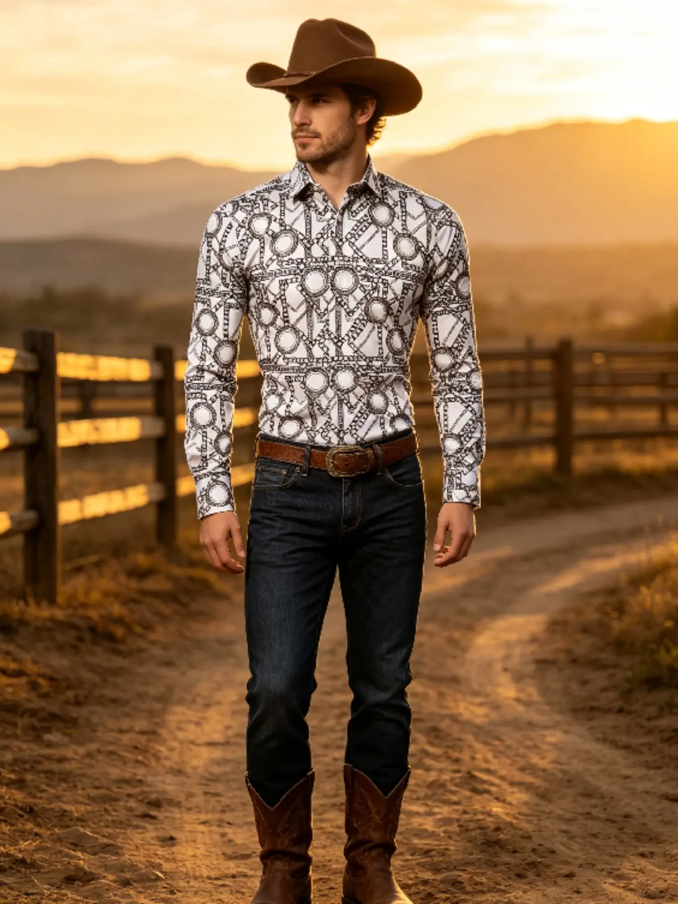 Men's Lapel Collar Long Sleeve Button Down Shirt Western Cowboy Geometric Chain Ring Print Sublimation Fabric Regular Fit Casual Top For Ranch Farm Outdoor Daily Men Outfit