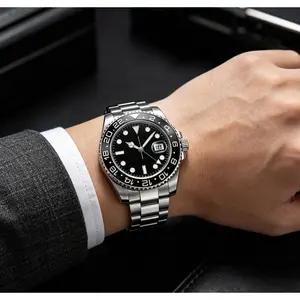 Men Classic Stainless Steel GMT Dive Watch Black Ceramic Bezel Black Dial Date Display Waterproof Sports Quartz Wrist Watch Business Daily Jewelry Gift