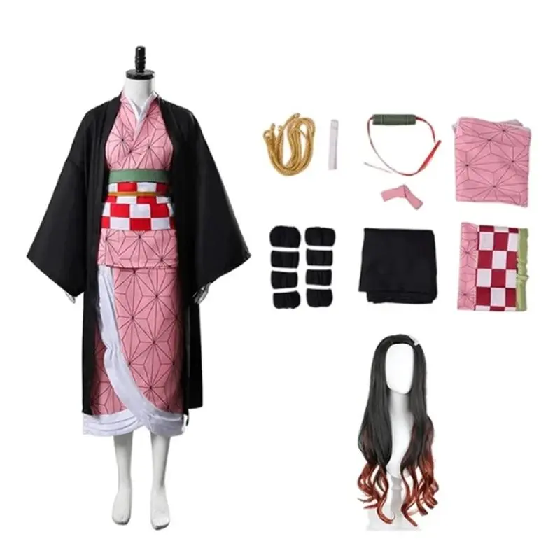 Demon Slayer Kamado Nezuko Cosplay Uniform Suit, Polyester Clothes with Safe Material, Anime Look Multi-Size Costume for Kids & Adults, Ideal for Carnival Parties & Halloween (Fashion Accessory Set), Carnival Party