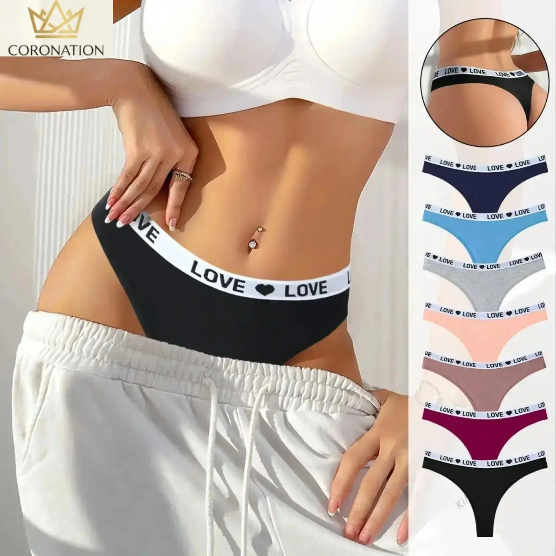 Women's Cotton Underwear 5 Pack (Mixed Color), Low Rise Thong Panties with Heart Band, Soft Breathable Stretch, Machine Wash, Multi-Size