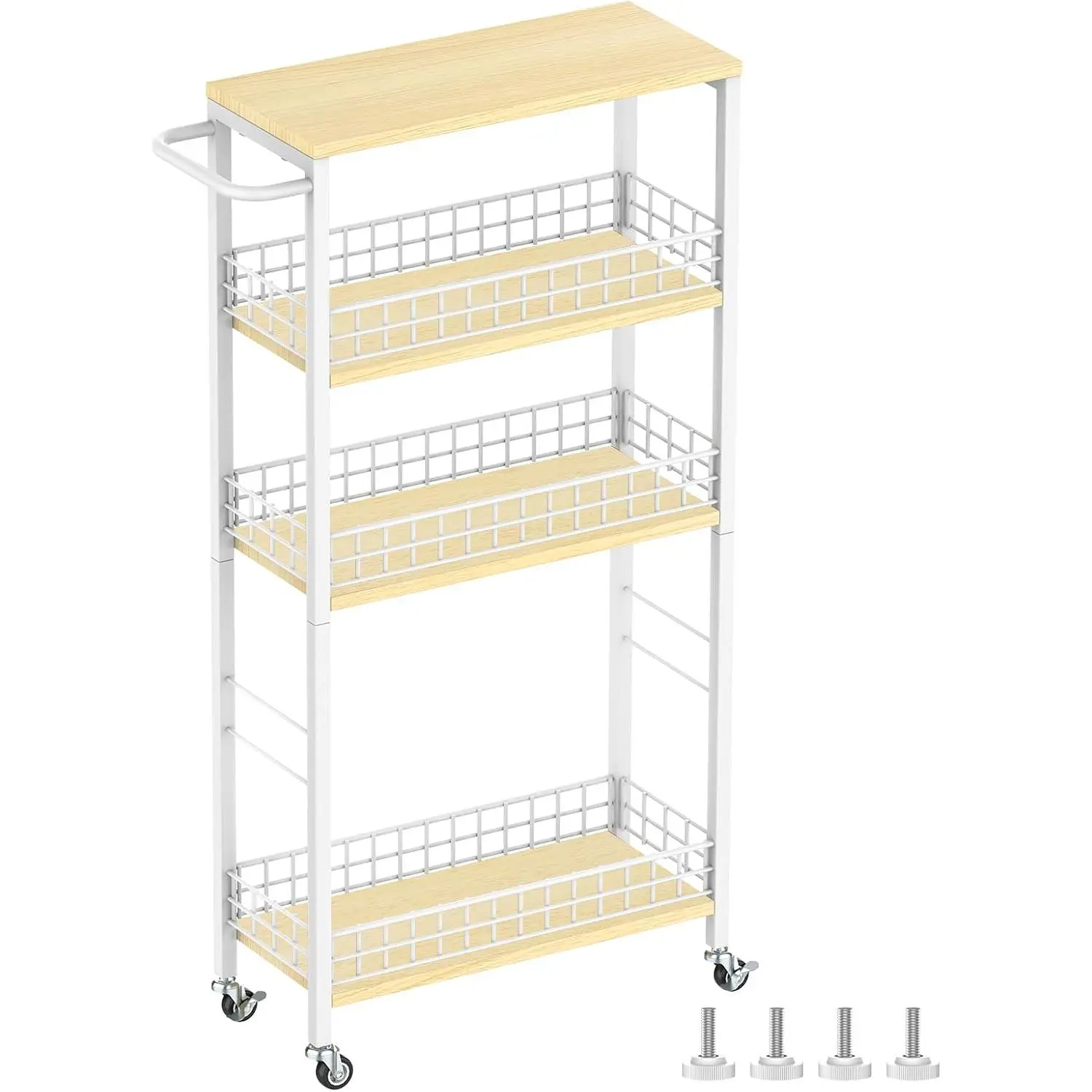 Slim Storage Cart 4-Tier Rolling Kitchen Utility Cart White Narrow Laundry Storage Cart  Wheels and  Table Top Mobile Shelving Unit Organizer Trolley for Bathroom Small Space 7.3" W