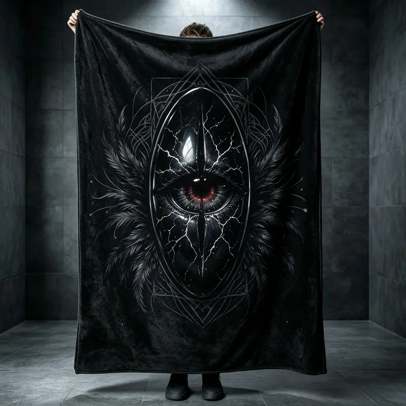 Dark Cracked Magic Eye Black Feather Geometric Rune Print Black Flannel Blanket, Mysterious Gothic Dark Theme, High Weight, Non-Shedding Air Conditioner Cover Blanket, Suitable for Boys' Gaming Room Decoration,