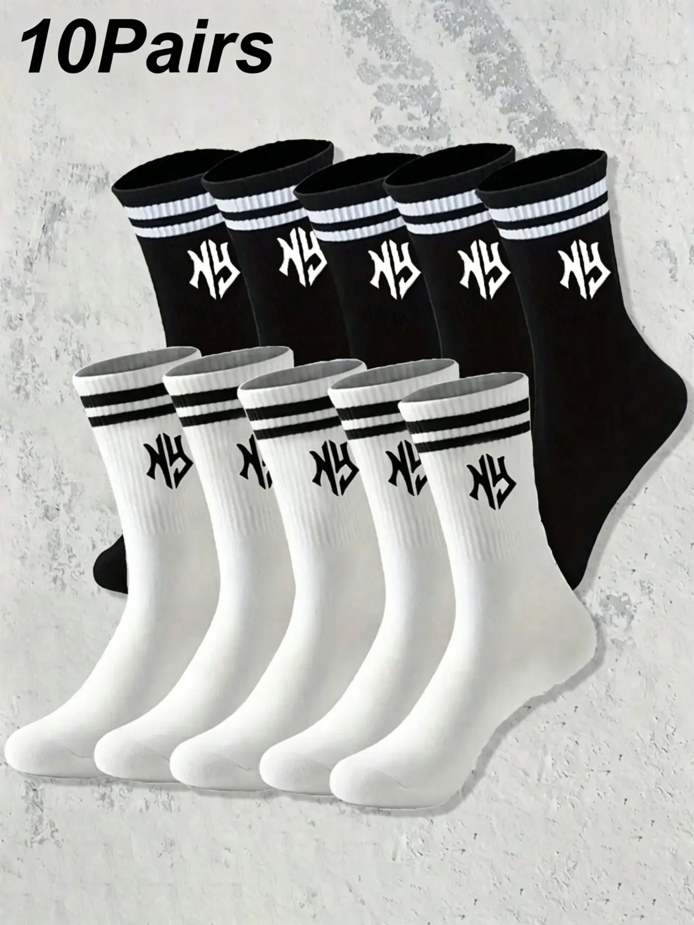 10 Pairs Women's NY Letter Graphic Two Striped Crew Socks, Breathable Cotton Preppy Sport Mid Calf Socks, Black & White Casual Streetwear Daily Socks
