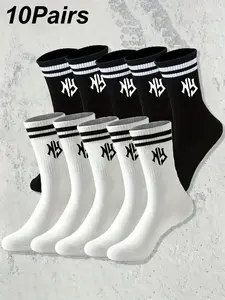 10 Pairs Women's NY Letter Graphic Two Striped Crew Socks, Breathable Cotton Preppy Sport Mid Calf Socks, Black & White Casual Streetwear Daily Socks