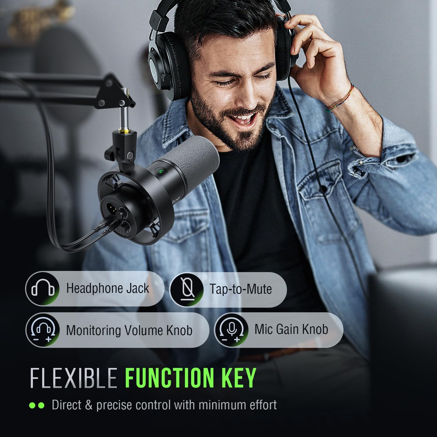Dynamic Microphone, XLR/USB Podcast Recording PC Microphone for Vocal Voice-Over Streaming, Studio Metal Mic with Mute, Headphone Jack, Monitoring Volume Control, Windscreen-Amplitank K688