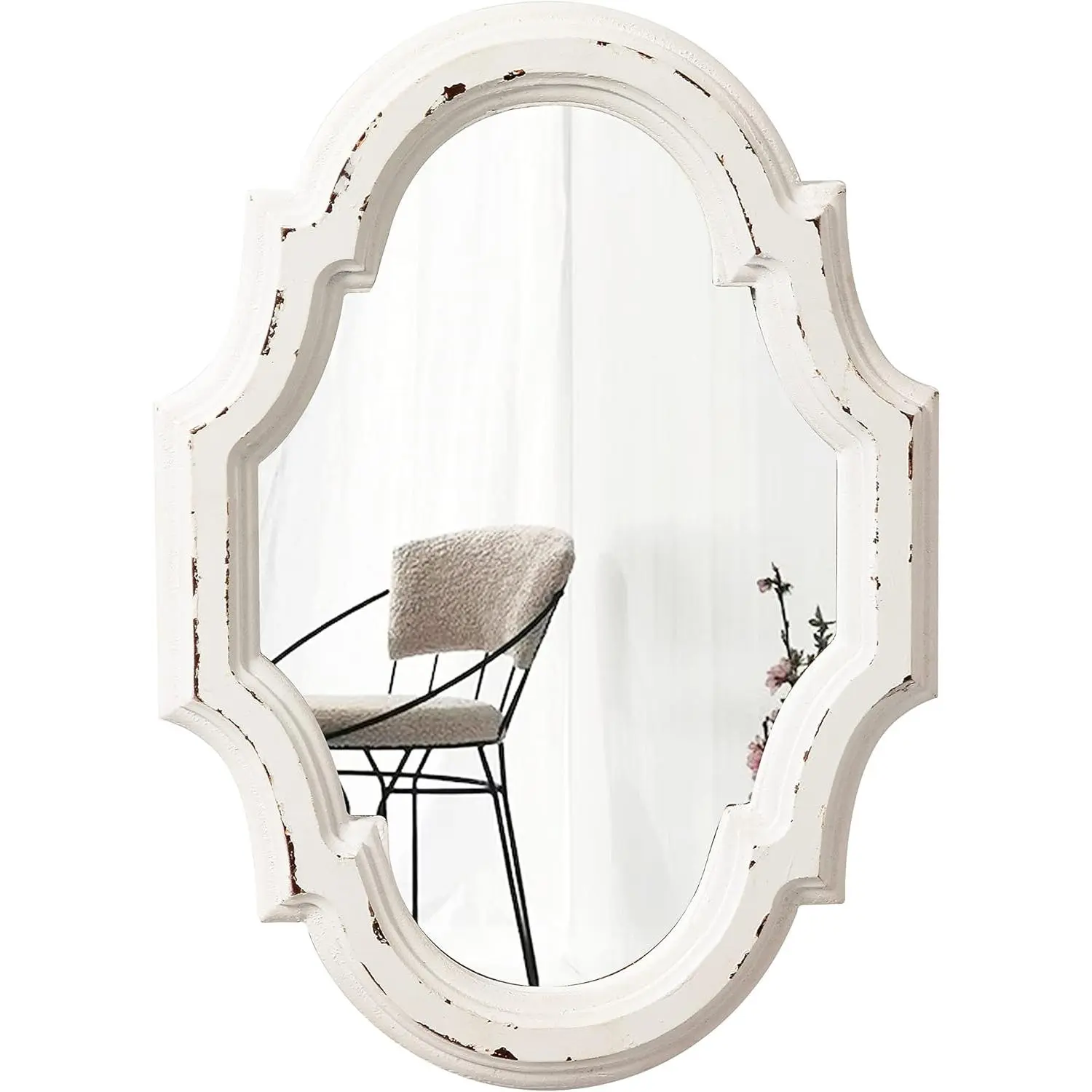 Small Vintage Oval Mirrors for Wall Decor 11 inch| Hanging Distressed White Farmhouse Wood Entryway Mirror, Rustic Scalloped Ornate Accent Sculpted Mirrors for Living Room