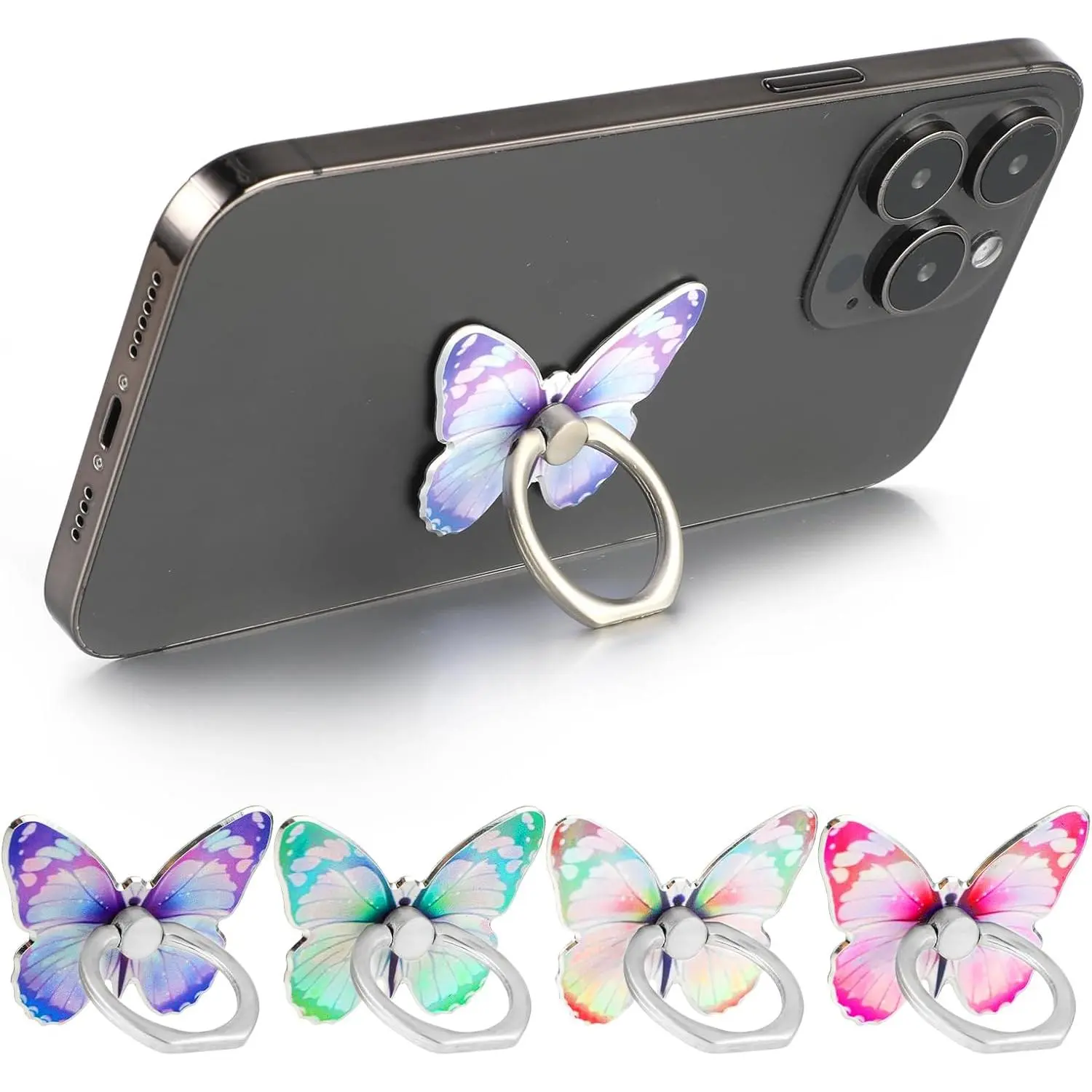 4 count Butterfly Phone Ring Stand Colored Cute Butterfly Phone Grip | Metal Cell Phone Finger Holder Cellphone Ring Holder Compatible with Phones Tablets Case 360°Rotation