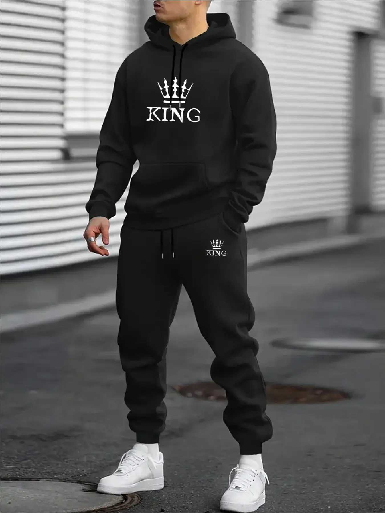 Hooded Sweatshirt Set, Casual Sporty Set, Bad Boy KING Crown Letter Print Drawstring Sweatshirt And Pants 2Pcss Outfit, Men'S Daily Commute Running Fitness 2Pcss Set