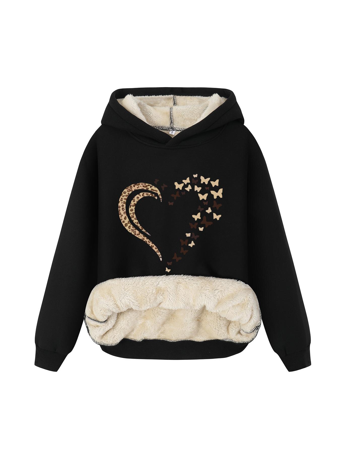 Women's Butterfly & Heart Print Plush Lined Hoodie, Casual Long Sleeve Hooded Sweatshirt for Fall & Winter,  Hoodies for Women, Women's Clothes for Daily Wear