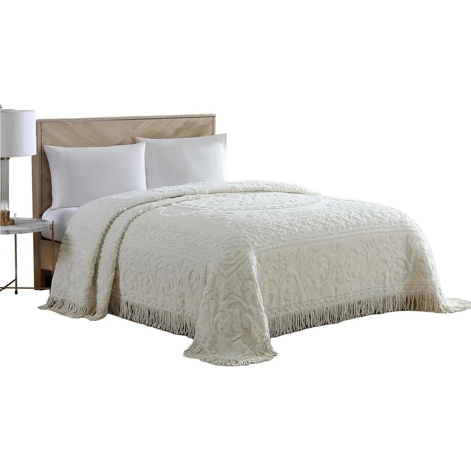 Medallion Full Cotton Chenille Bedspread, Ivory Vintage tufted lightweight soft, cozy plush 100% cotton bedspread with fringed hem and large centered medallion design