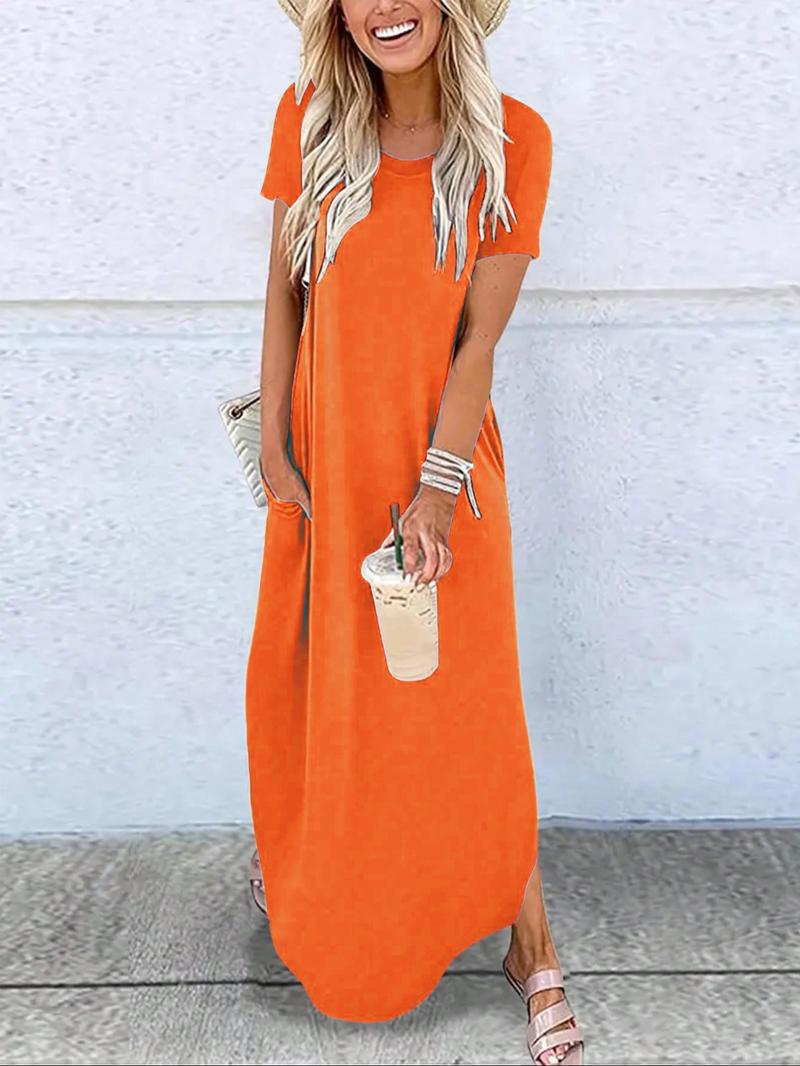 Women's Plain Pocket Round Neck Curved Hem Tee Dress, Casual Soft Short Sleeve Long Dress for Summer, Ladies Clothes for Daily Wear