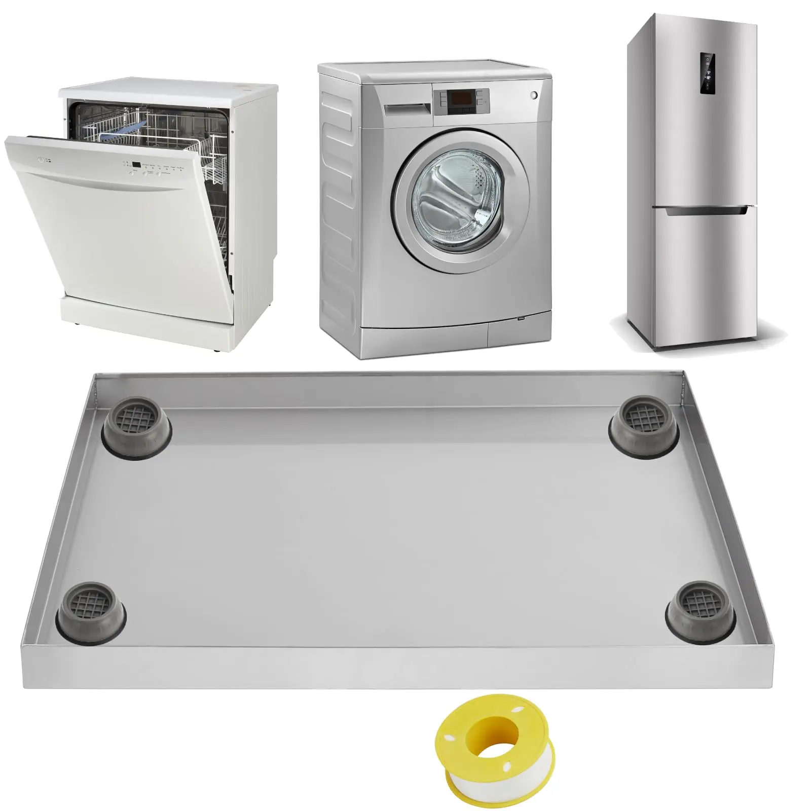 Heavy Duty Washing Machine Drip Tray - 28x30 Inch Stainless Steel Pan with Drain Hole for Floor Protection, Includes Hose Adapter, PTFE Tape, 4 Suction Cup Pads - 304 Grade - Fits Laundry Room