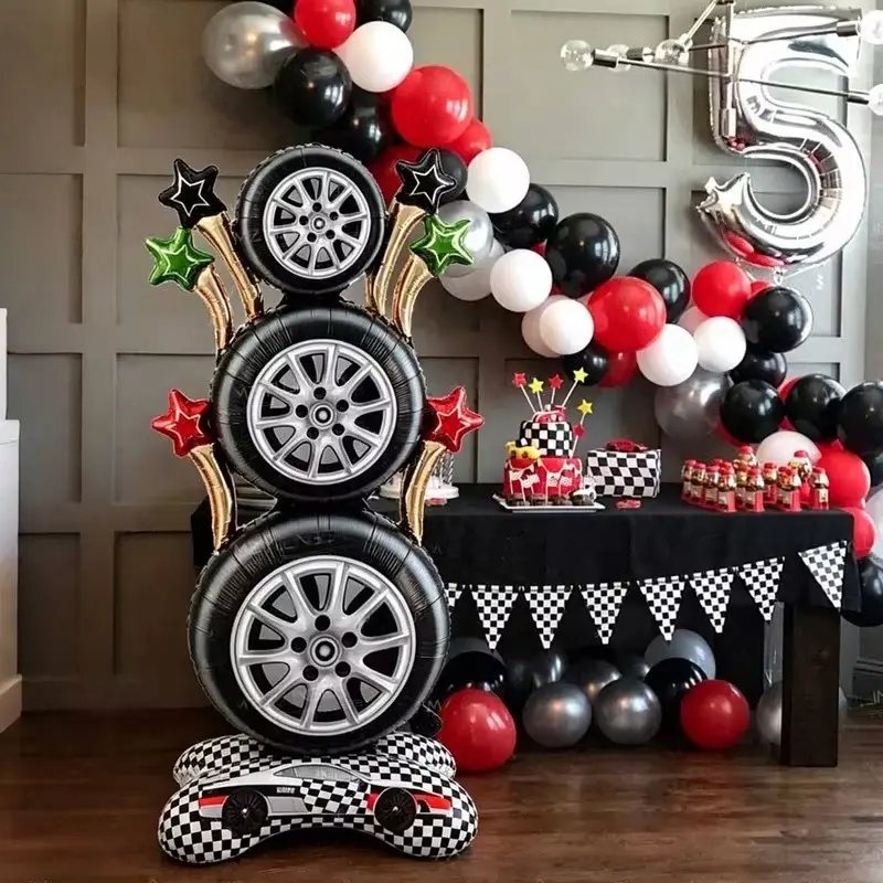 Large Standing Tire Balloon, Race Car Birthday Decoration, Self-Standing Racing Wheel Balloon with Checkered Flag Base, Perfect for Parties