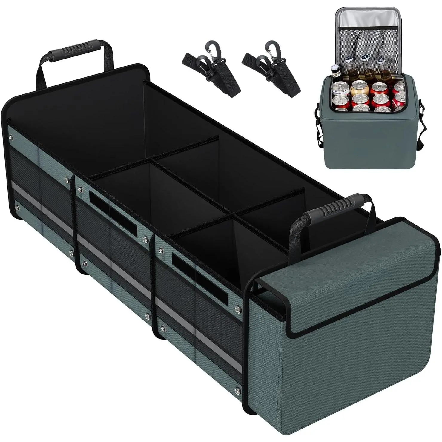 Trunk Organizer with Insulated Leakproof Cooler Bag, Foldable Cover, Adjustable Securing Straps (4-in-1 w/Cooler, Gray)