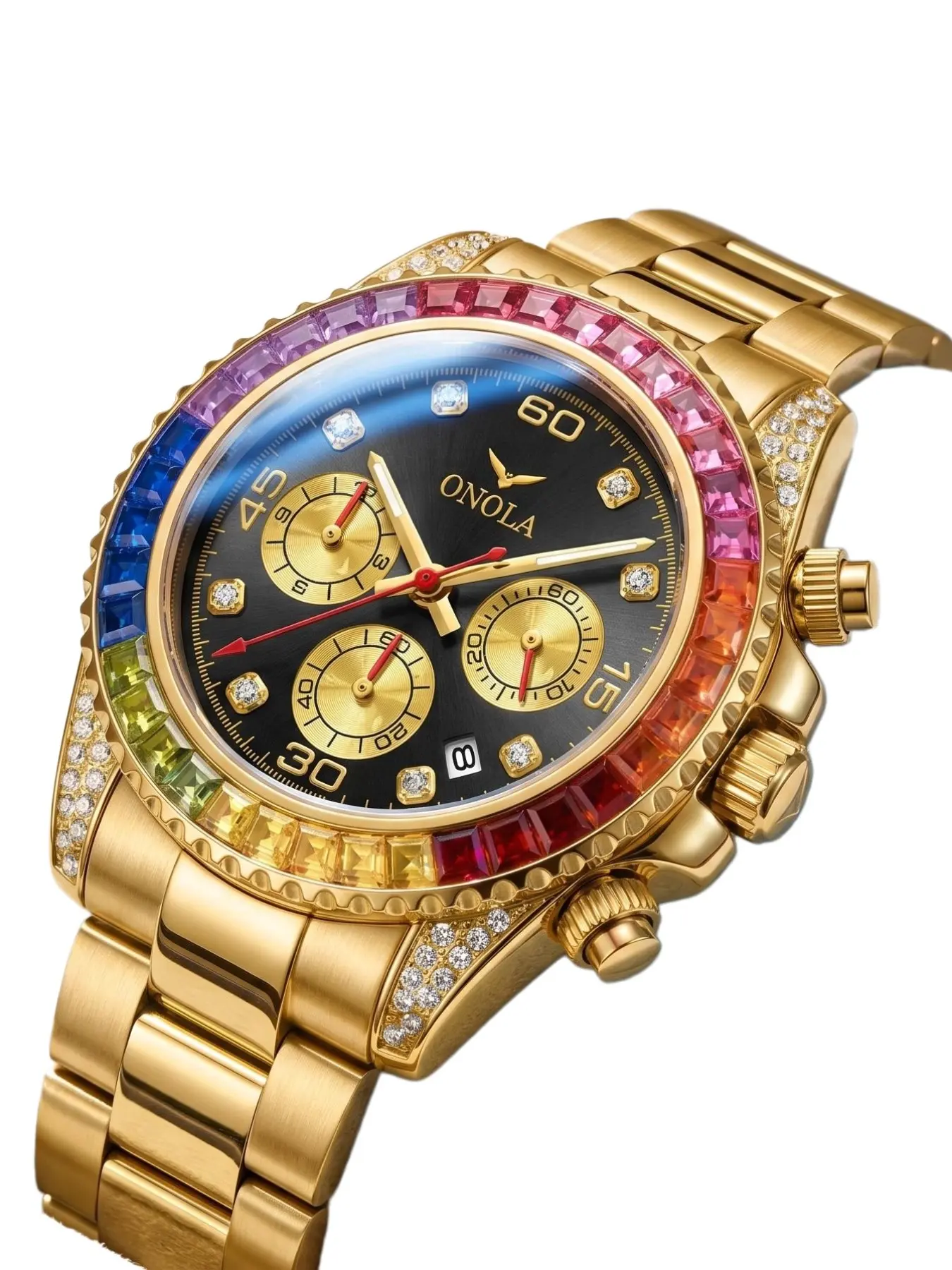 ONOLA Brand's New Luxury Rainbow Inlaid Diamond Men's Watch Quartz Men's Fashion Trend Watch Calendar Display Fashion Casual Watch for Male Students with Gift Box Analog Quartz Watch Fashionable Wristwatch Quartz Movement