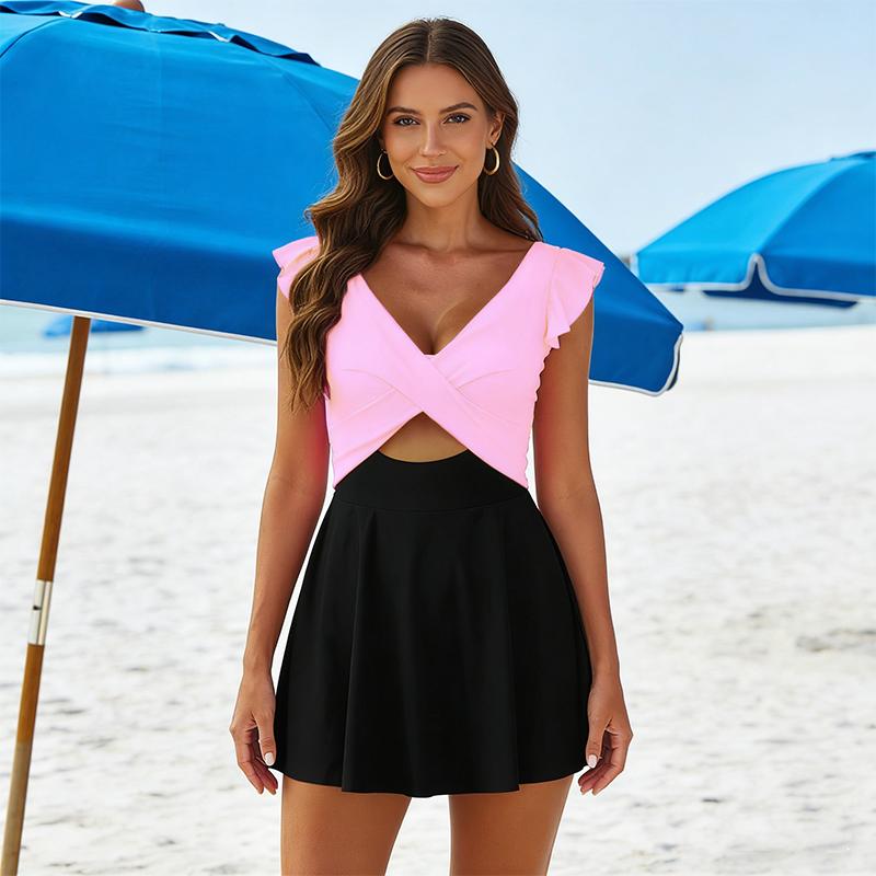Women's One Piece Swimsuit Ruffle Cutout Cross Skirt Style Swimdress Tummy Control V Neck Wrap Swimwear