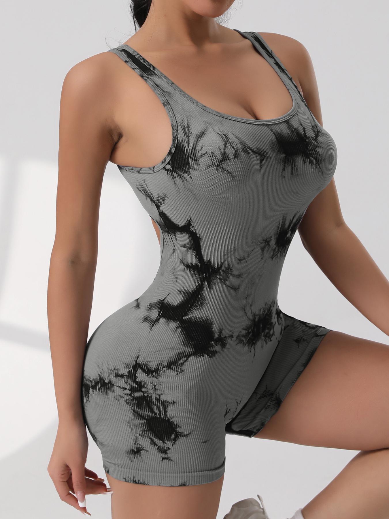 Women's Marble Print Open Back Sports Tank Romper, Casual Sleeveless Racer Back Skinny Romper Stretchable Activewear for Yoga Gym Workout, Ladies Sportswear for Summer