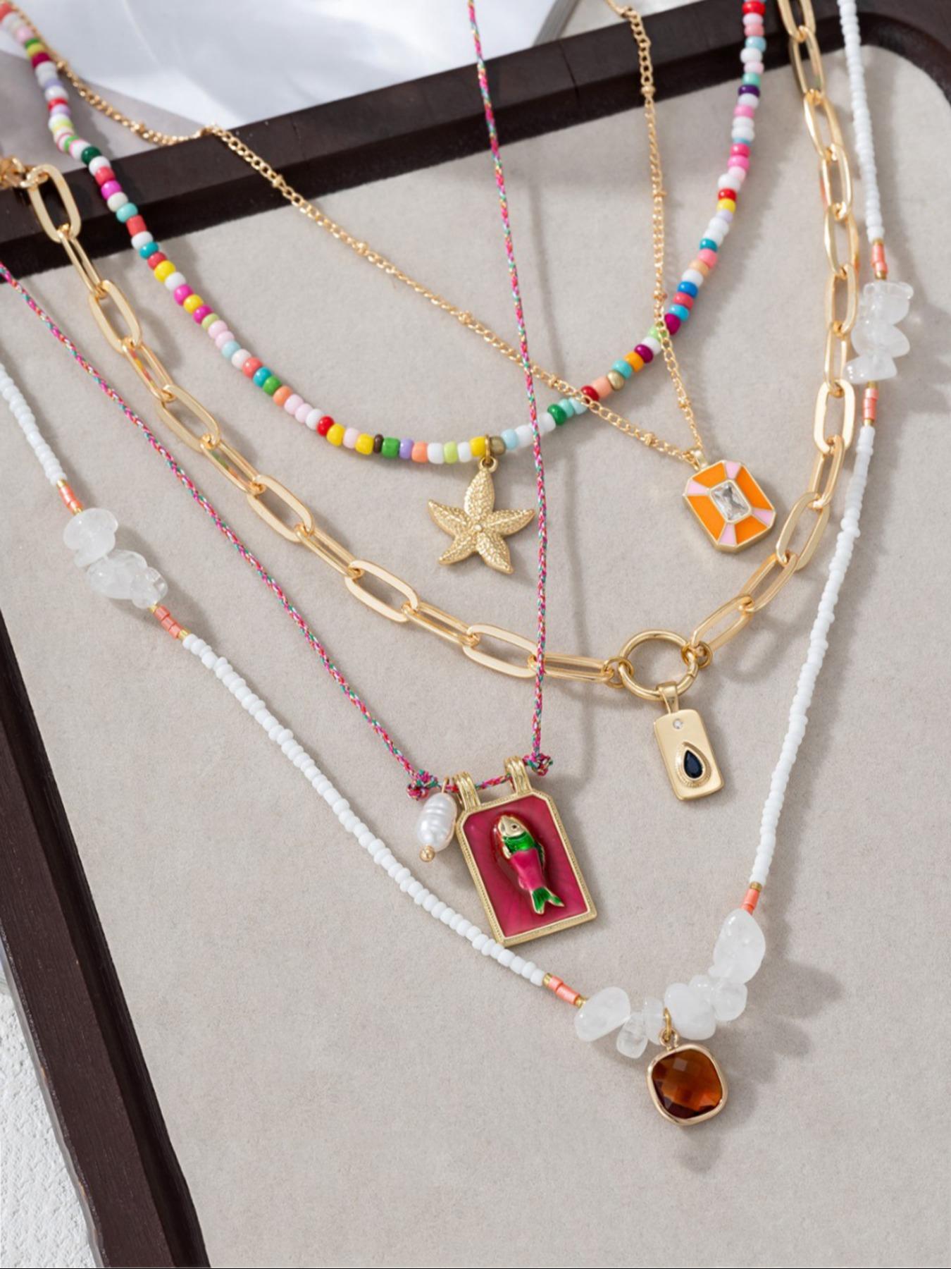 Cute Colorful Beaded Necklace, Fashionable Starfish & Fish Design Pendant Necklace for Women & Girls, Trendy All-match & Exquisite for Birthday Gift, Mothers Day Gift Ideas, Charm Necklaces