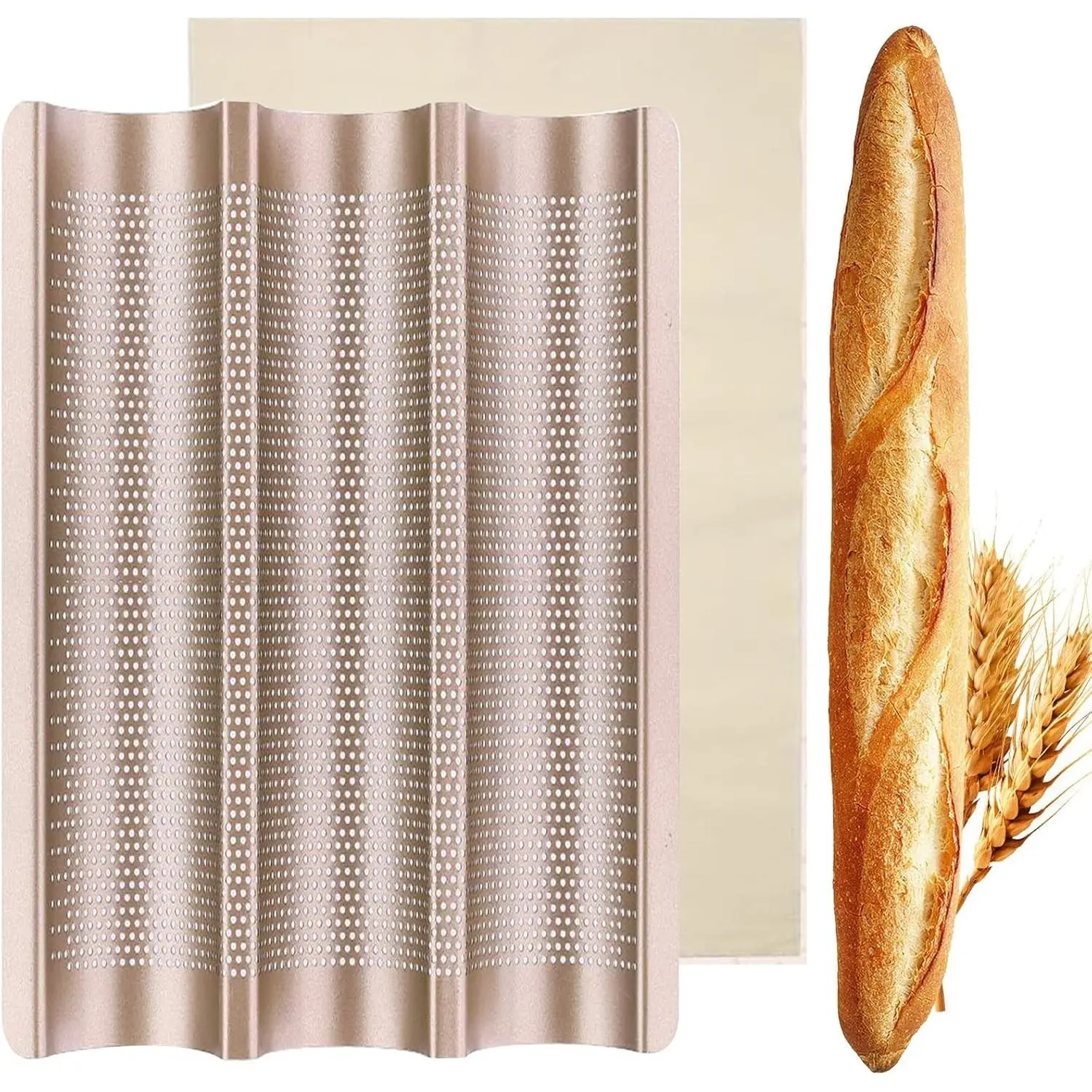 Baguette Pan, French Bread Baking Pan Perforated 3 Loaves Long Italian Bread Pan Mold Nonstick Baguettes Bakery Tray with Proofing Cloth,15"x11"