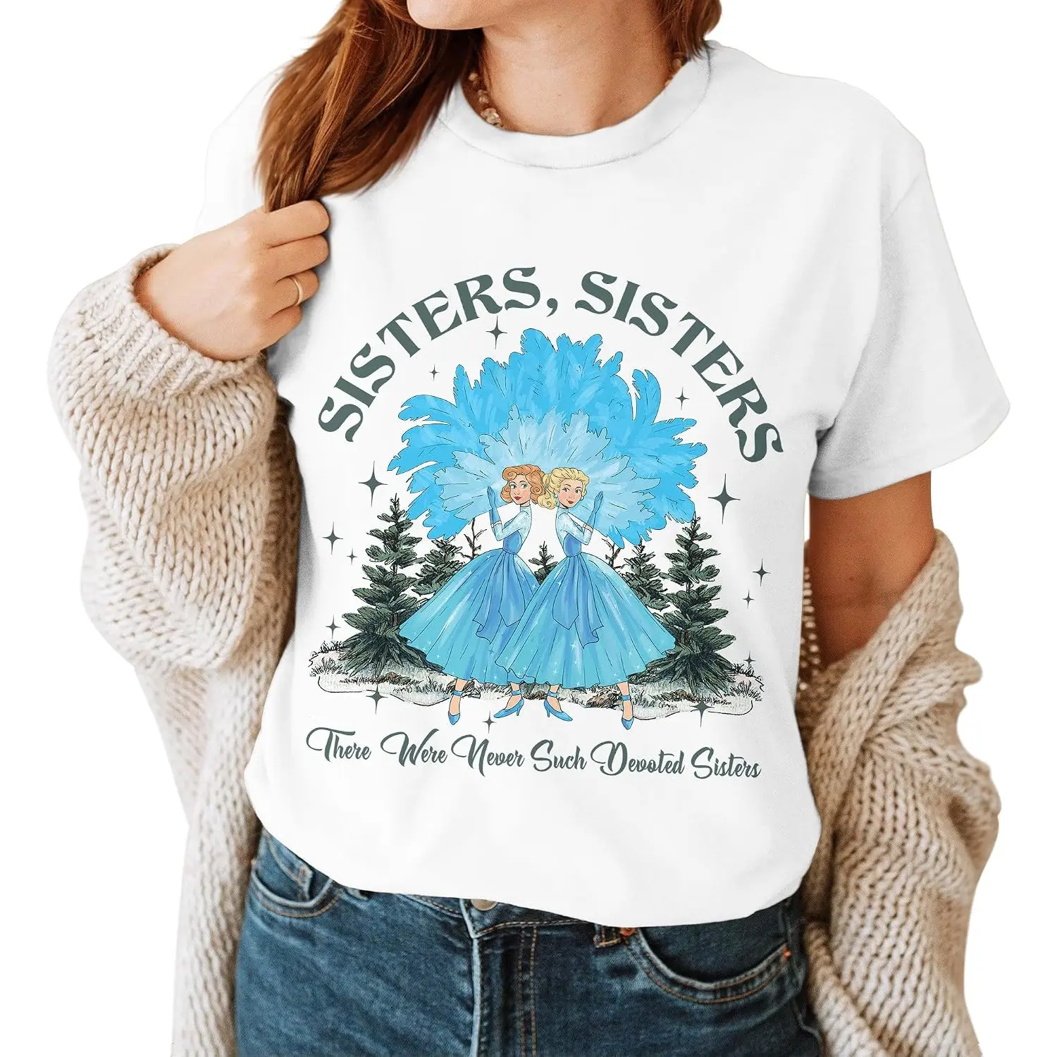 Sisters Sisters There Were Never Such Devoted Sisters Matching Vintage Graphic Tee - Standard 100% Pure Cotton Short Sleeve Crewneck Casual Top for Women & Teens, Trendy Family & Friendship Apparel, Outfit & Gift