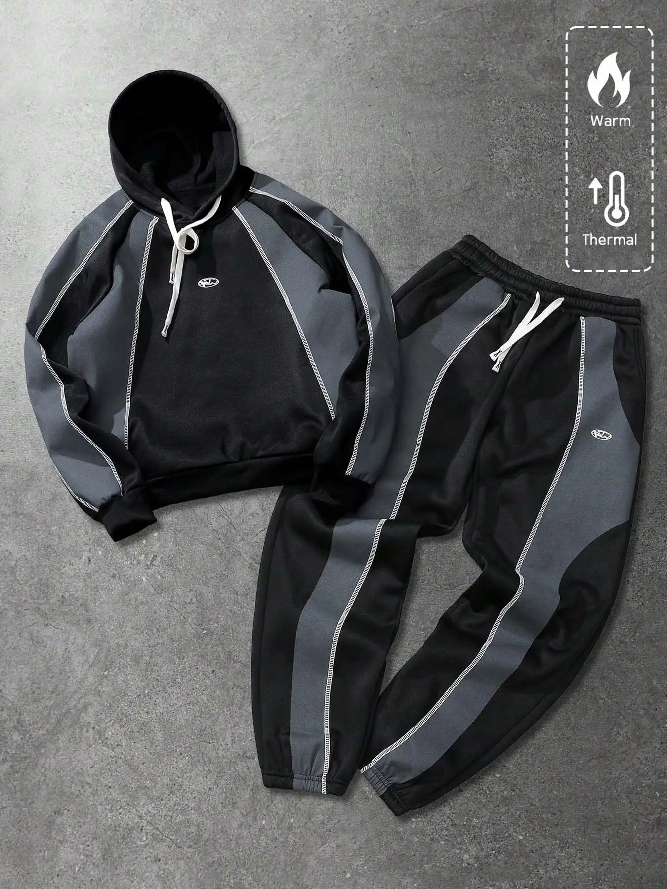 Men's two-piece tracksuit, black and gray color-block hoodie & sweatpants with contrast stitching, warm and soft fleece lining, perfect for winter casual outings, outdoor jogging, and hip-hop weekend hangouts, Hooded Tracksuit Set