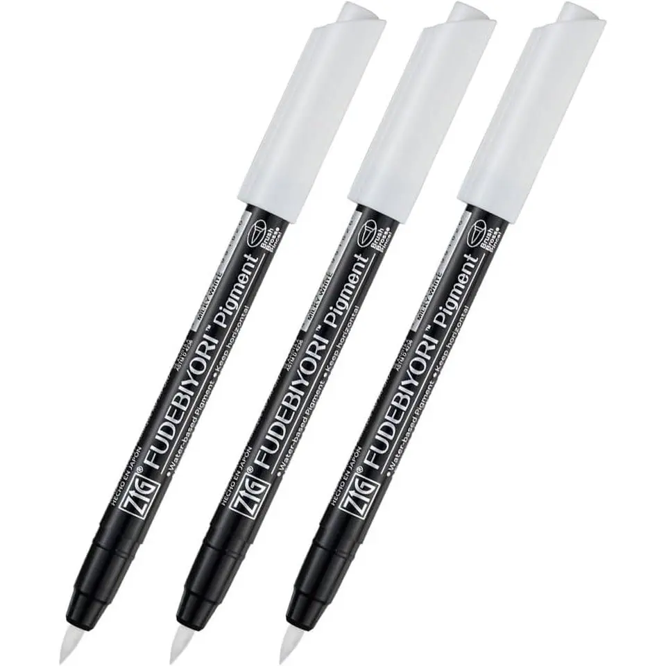 ZIG FUDEBIYORI PIGMENT Milky White 3 pens set, For Lettering, Illustlation, AP-Certified, Flexible Hard brush tip, Effective  black paper, Professional quality,