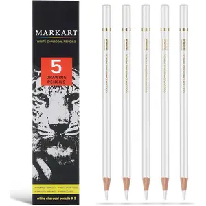 MARKART Professional White Charcoal Pencils Set, 5 Pieces Sketch Highlight Charcoal Pencils for Drawing, Sketching, Shading, Blending, White Chalk Pencils for Beginners & Artists