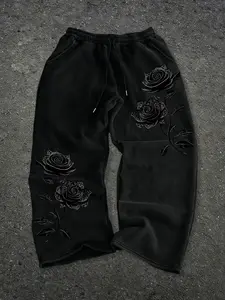 Men's Vintage Washed Wide Leg Sweatpants, Gothic Rose Floral Print Drawstring Joggers, Casual Dark Streetwear Loose Trousers #RosePrintPants #GothicStreetwear #WashedSweatpants #WideLegJoggers #TikTokMadeMeBuyIt