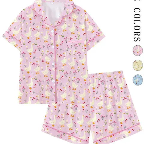 Adorable Goose with Bow Knot Animal Print Pyjamas Set, Pajama Set, Short Sleeve Loose-Fitting Sleepwear, Home Leisure Wear, Comfortable Loungewear for Home and Travel, Perfect Gift, Pj Set