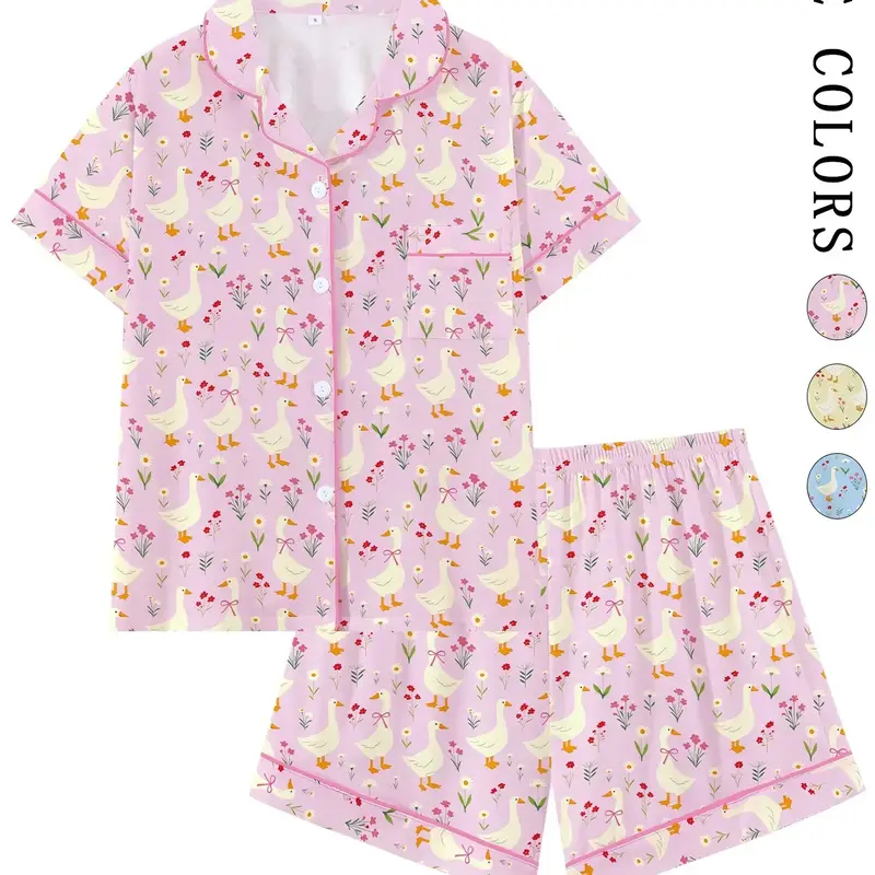Adorable Goose with Bow Knot Animal Print Pyjamas Set, Pajama Set, Short Sleeve Loose-Fitting Sleepwear, Home Leisure Wear, Comfortable Loungewear for Home and Travel, Perfect Gift, Pj Set