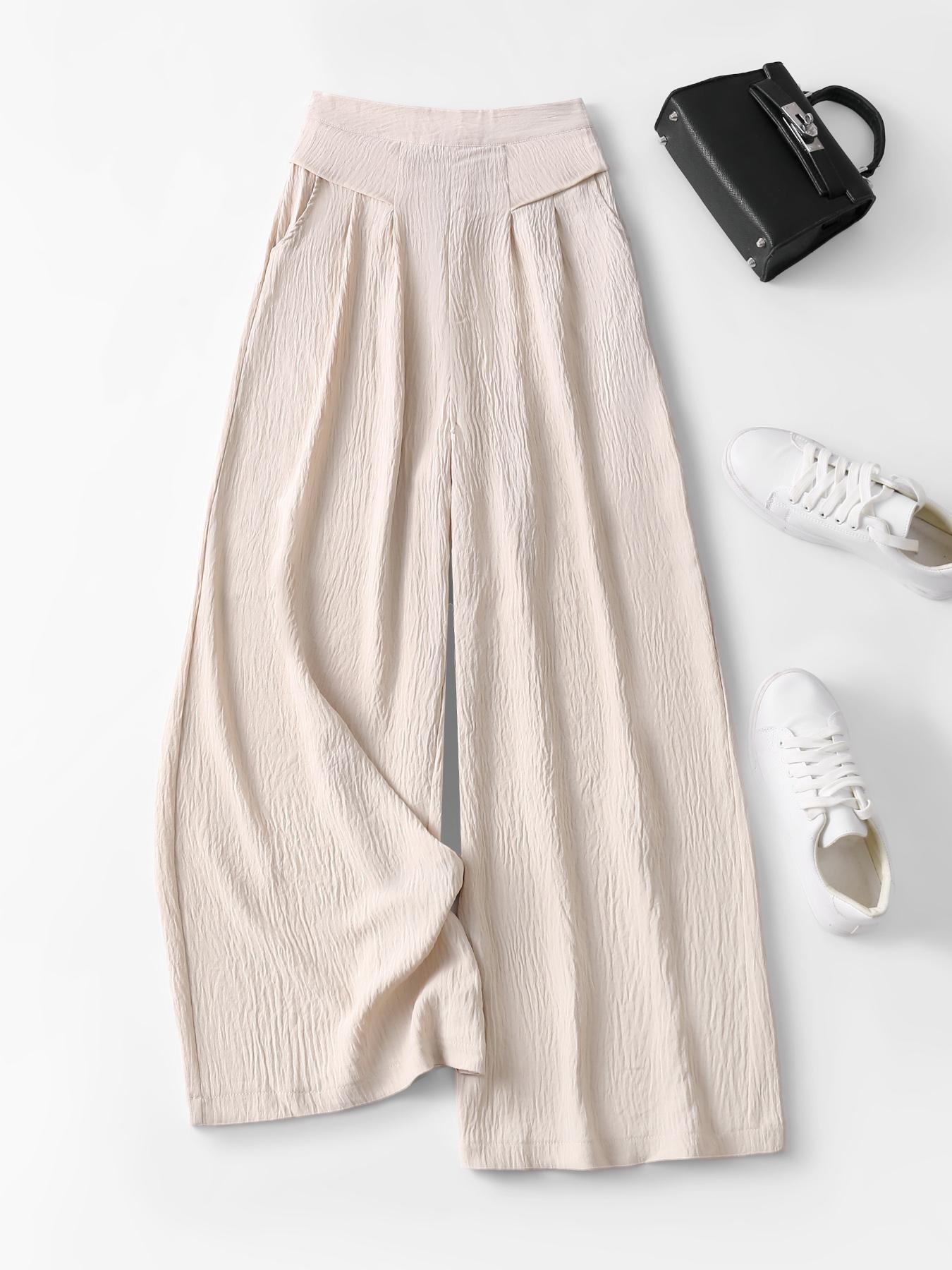 Women's High-Waisted Wide-Leg Pants, Womenswear Casual Bohemian Skin-Friendly Comfort Fit Trousers, Multiple Colors, S-XXL, Casual Textured Trousers