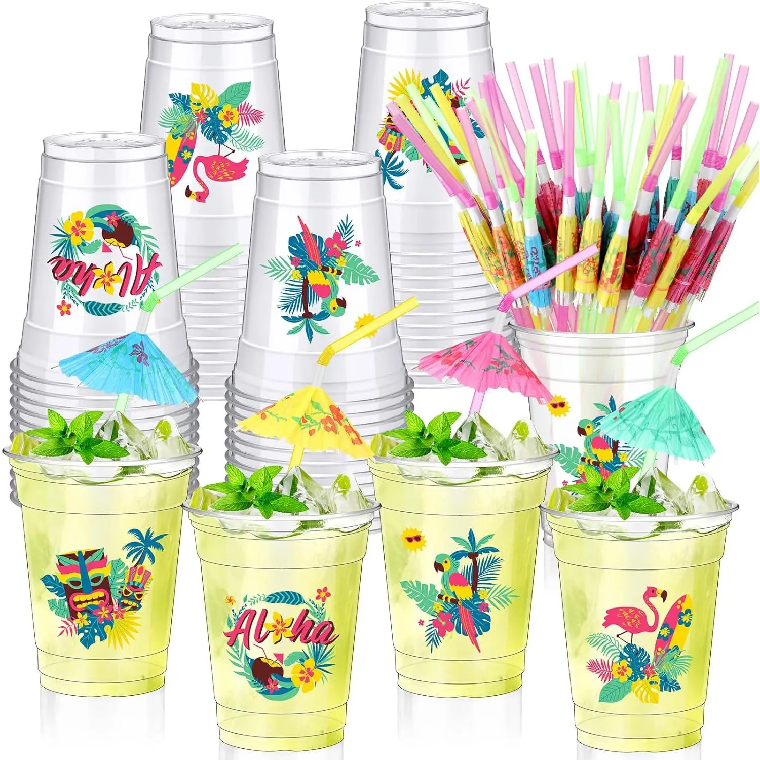 Jingmore 48 Set Hawaiian Luau Party Cups with Umbrella Straws 12 oz Tiki Tropical Plastic Disposable Cups Clear Flamingo Drinkware for Summer Beach Pool Birthday Party Supplies Decorations