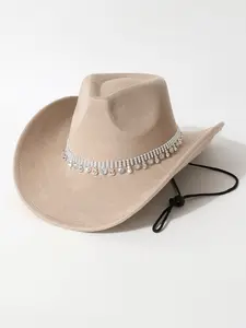 Women's Rhinestone Hat Chain Decorative High-Quality Windproof Large Brim Hat, Western Cowboy Hat, Fashionable Jazz Hat for Parties