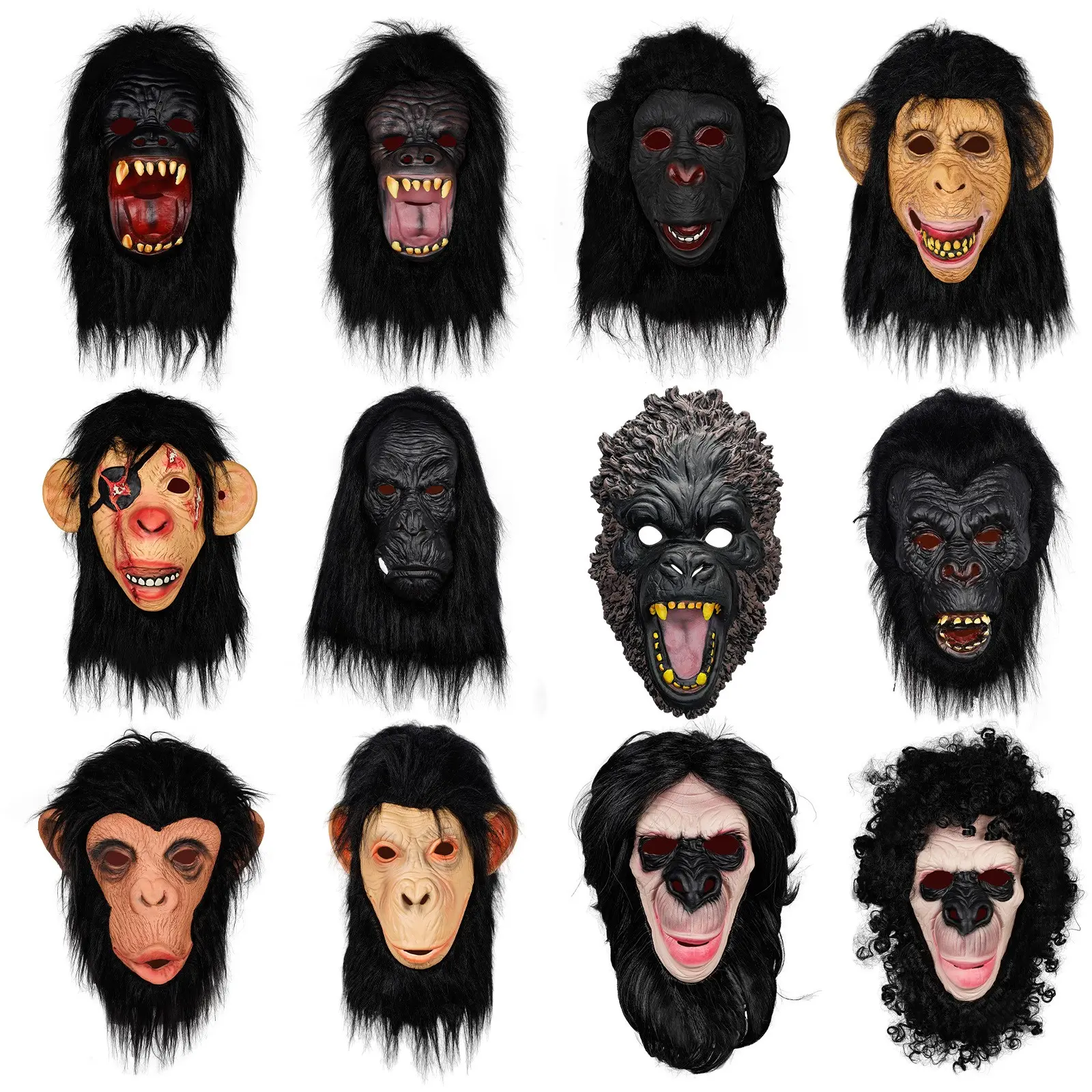 12 Realistic Latex Gorilla Masks with Wigs, Stretchable Full Head Cover, Halloween Pranks, Scary and Funny, Perfect for Horror Events
