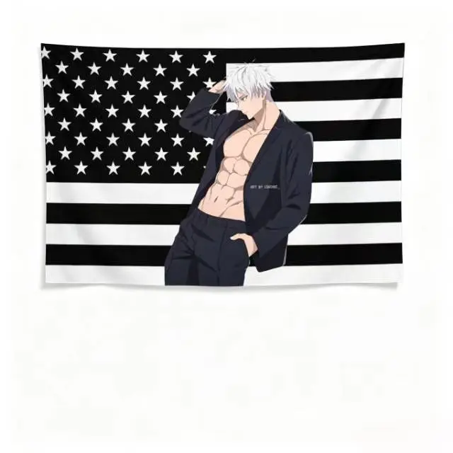 Jujutsu Kaisen Gojo Satoru Decorative Polyester Tapestry , Black  Background Home Decor Poster ,Light Peach Anime Wall Hanging for Bedside & Living Room