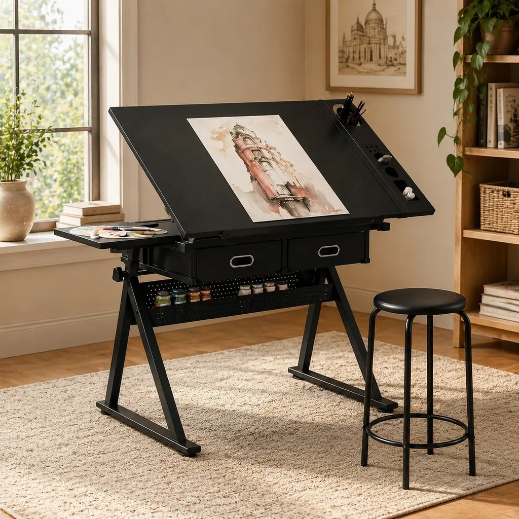 Adjustable Height Desk with 2 Drawers, Ergonomic Drafting Table Set with Stool, Tiltable Surface for Home Office, Artists, Black Workstation