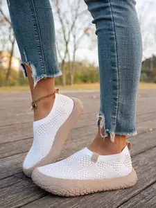 Summer Light Blue Hollow Out Flyknit Slip-On Women's Shoes, Lightweight Slip Ons, Breathable Mesh Thick Sole Anti-Slip, Lightweight Soft Bottom, Casual Outdoor Walking