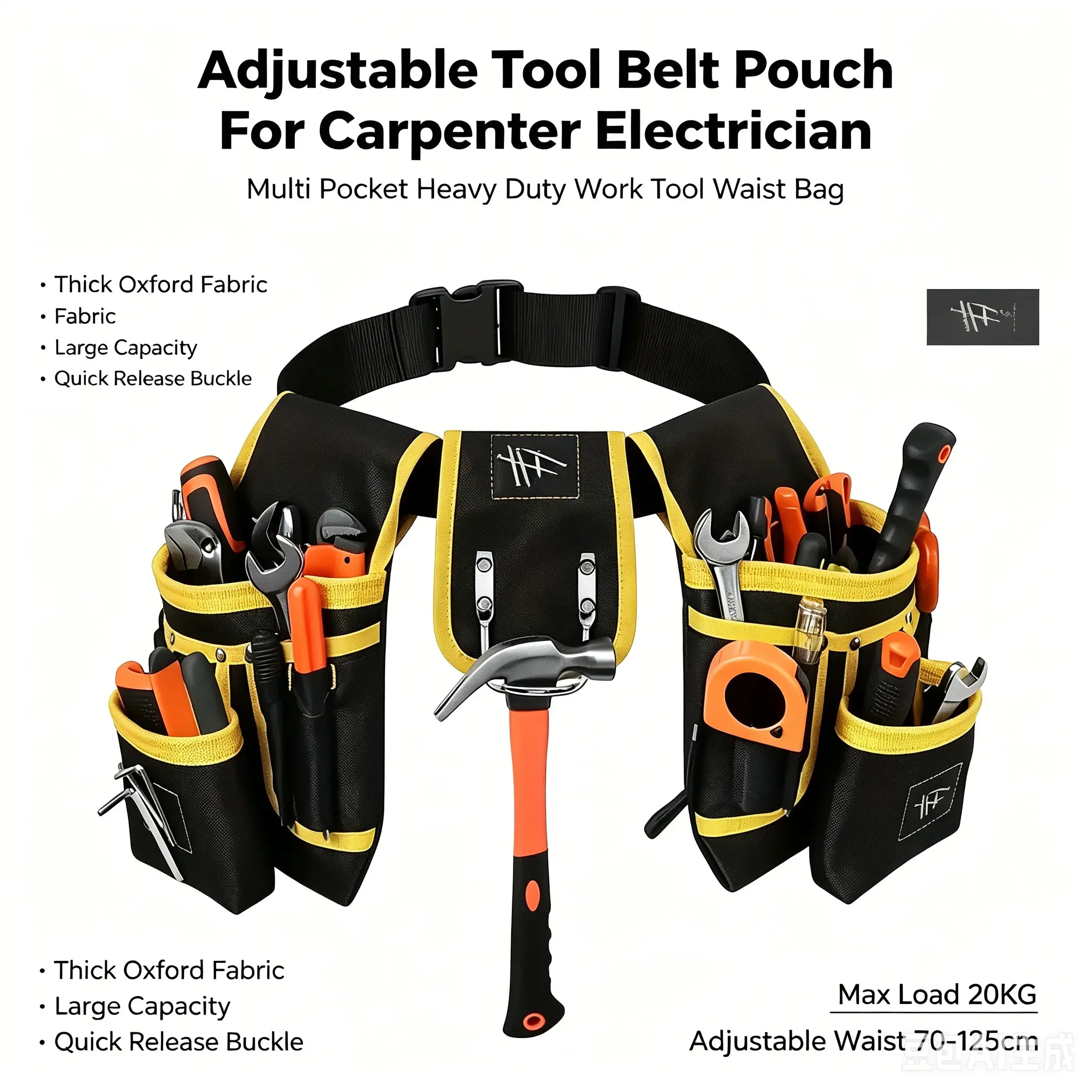 Adjustable Multi-Pocket Tool Belt, Thick Oxford Fabric, Quick Release Buckle, Waist Size 70-125cm, Ideal for Construction and Home Repair, Tool Storage